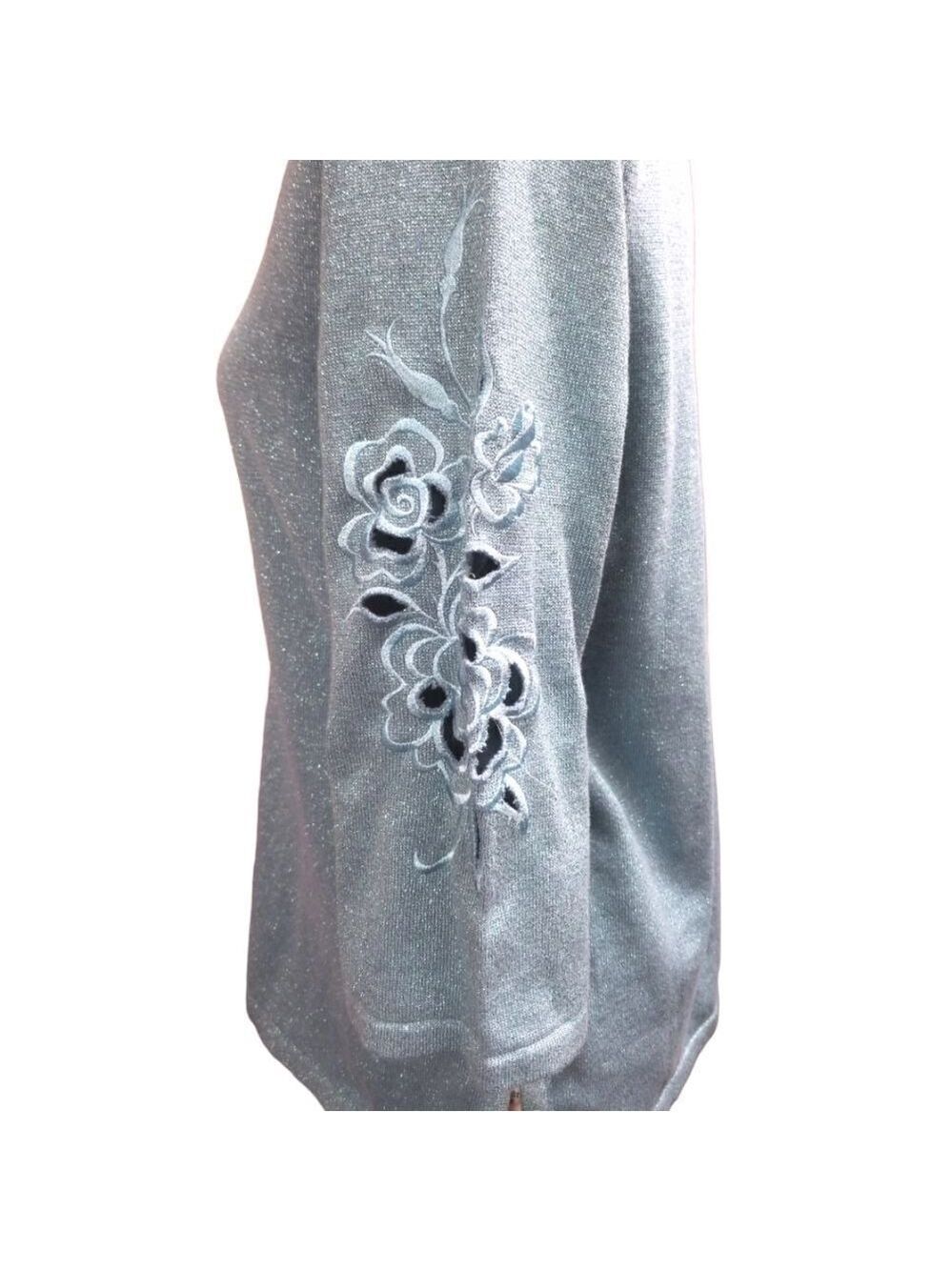 Bob Mackie Floral Cut Out Embroidered Metallic Sweater Blue EUC SZ Small - Picture 4 of 6